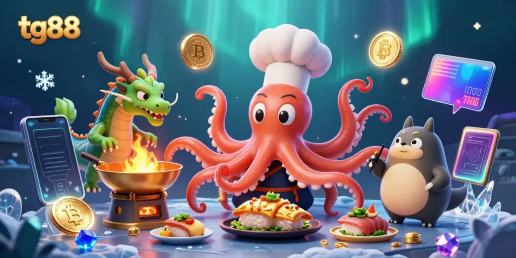 Experience the thrill of tg88 with a vibrant 3D casino scene featuring engaging characters and crypto elements.
