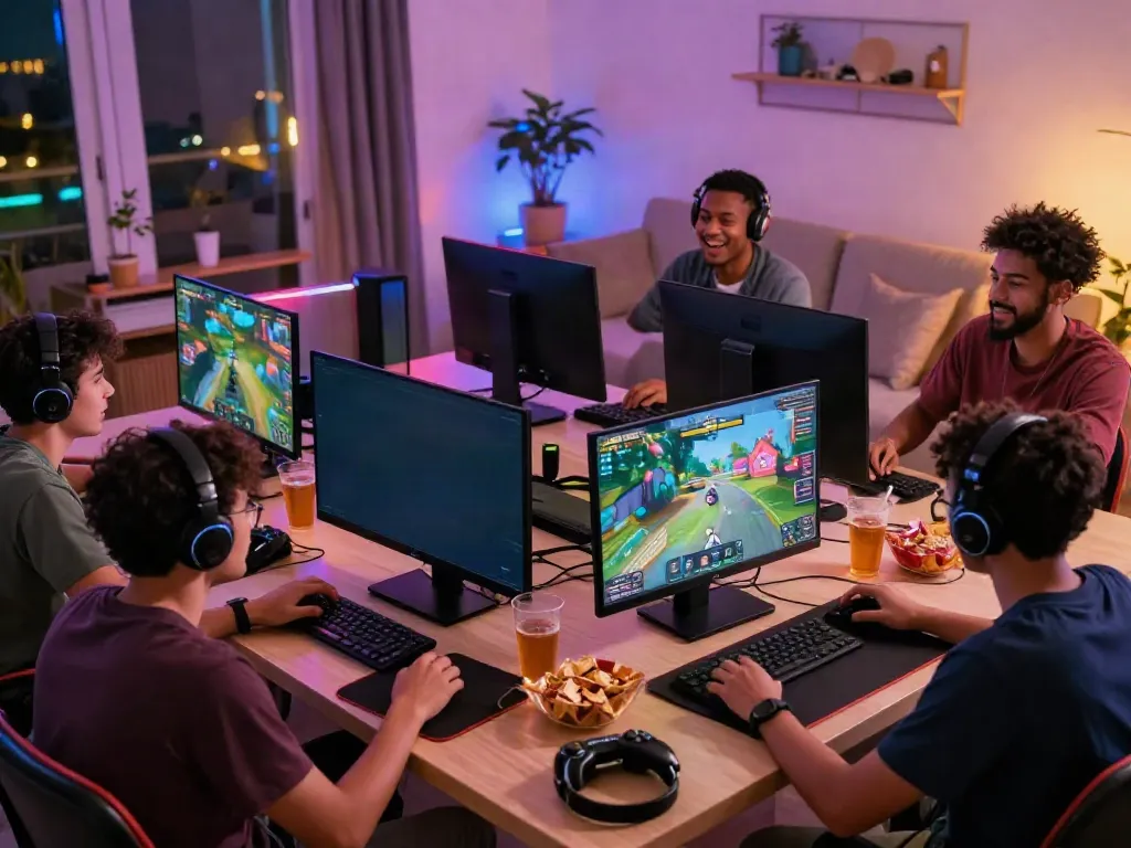 Engaging friends enjoying DA88 gaming experience in a lively atmosphere with snacks and colorful lights.