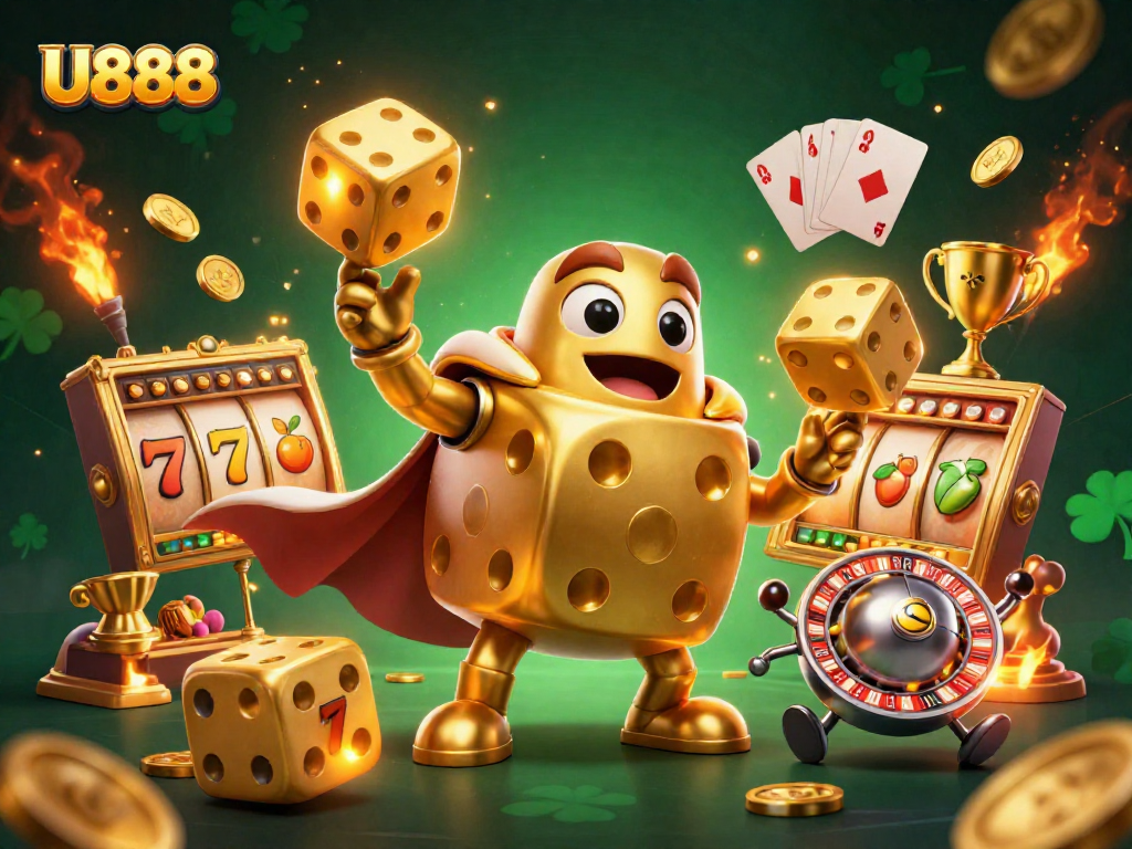 U888 casino illustration showcasing golden dice, jackpot elements, and dynamic action.