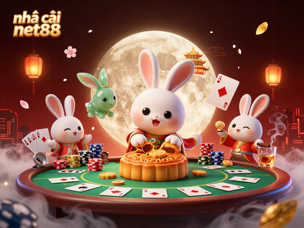Experience the magic of nhà cái net88 with a 3D illustration of a moon rabbit at a poker table.