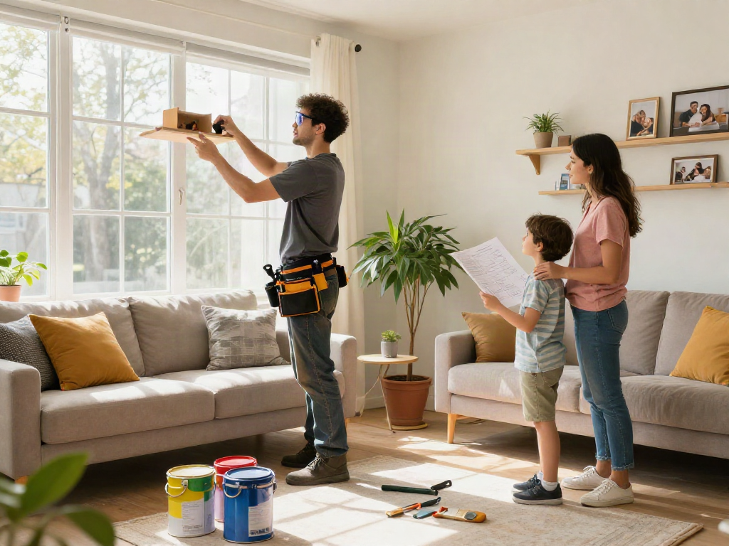 Home repair services Des Moines Iowa being performed by a contractor installing shelves in a cozy living room with a family consulting plans.