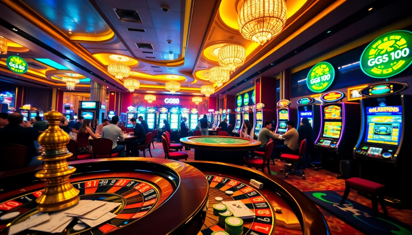 Experience excitement at the GG88 casino with vibrant tables and flashing slot machines.