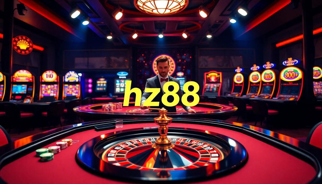Exciting gaming experience at HZ88 casino with vibrant tables and slot machines.
