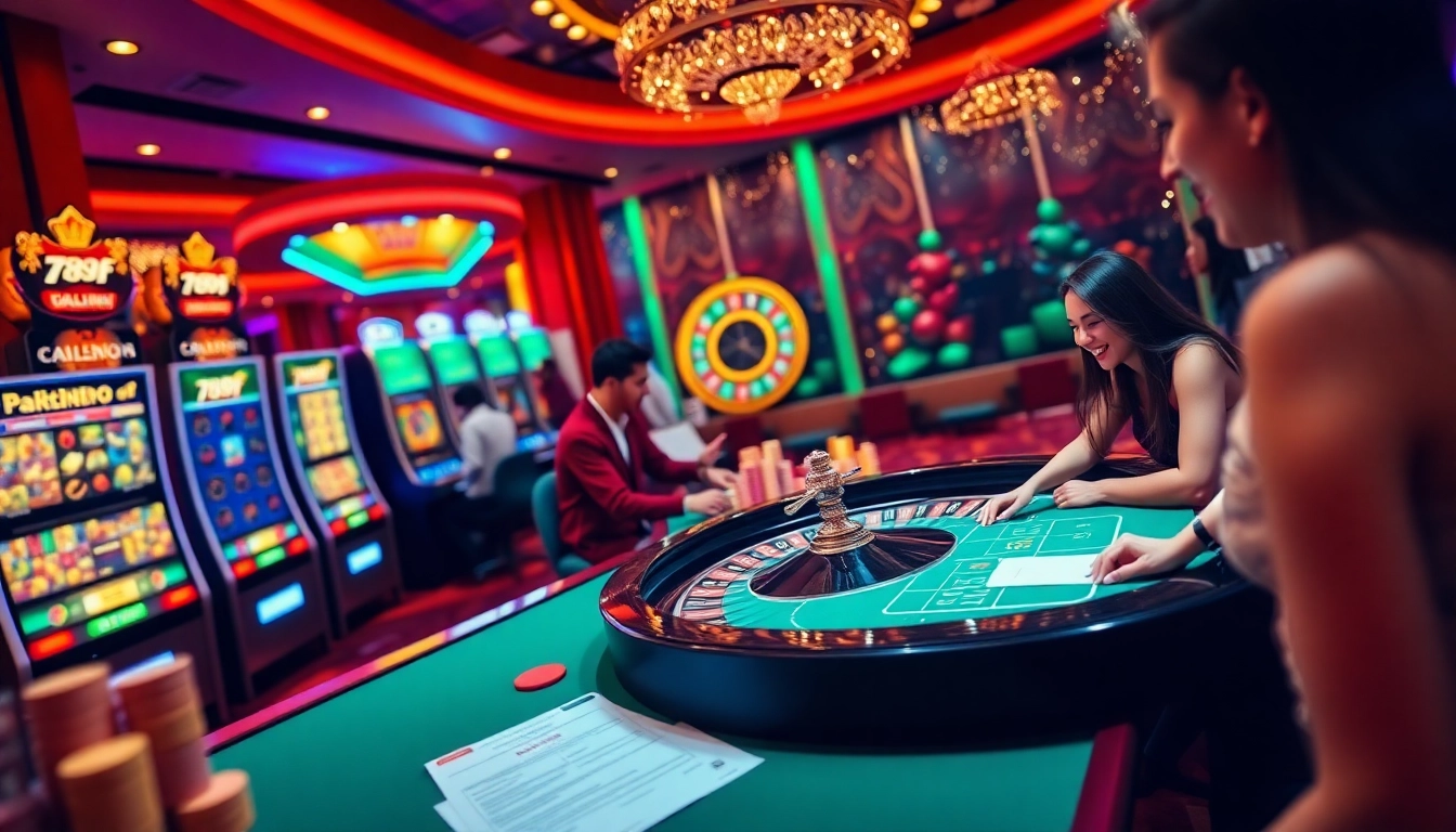 Players enjoying thrilling moments at 789f casino, with vibrant slot machines and an elegant poker table.