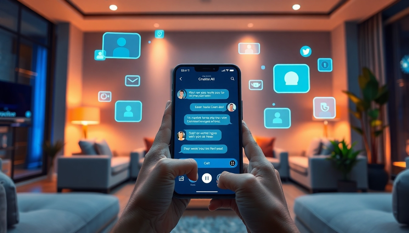 Crushon AI interactive digital chat interface in a cozy living room setting