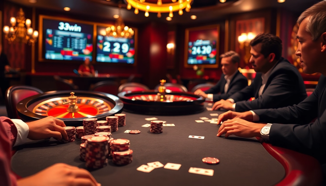 Gambling enthusiasts playing poker at 33win's luxurious casino table, with vibrant roulette wheel in background.