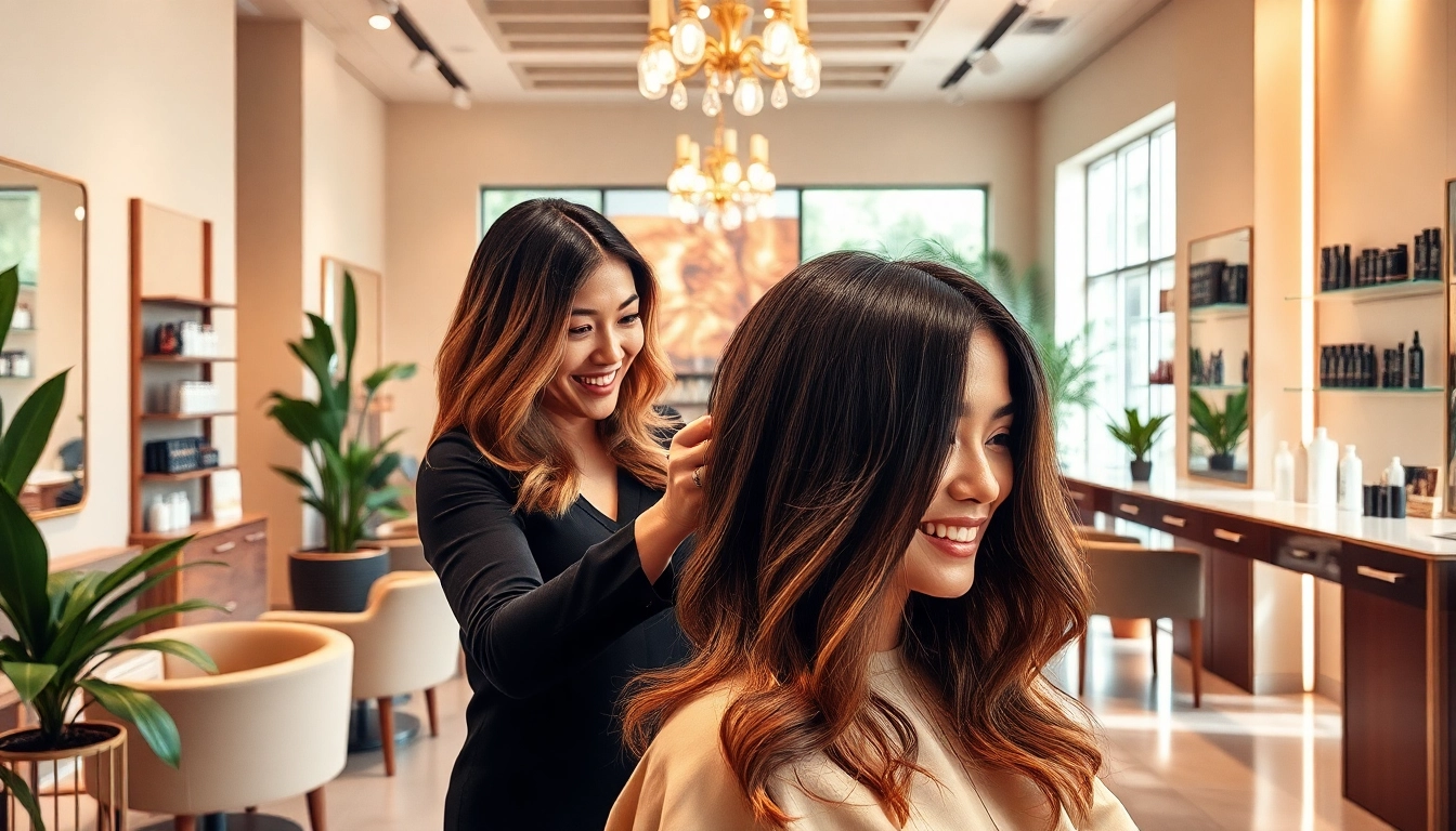 Client receiving a haircut at Omnia Salon, showcasing professional artistry and Aveda products.