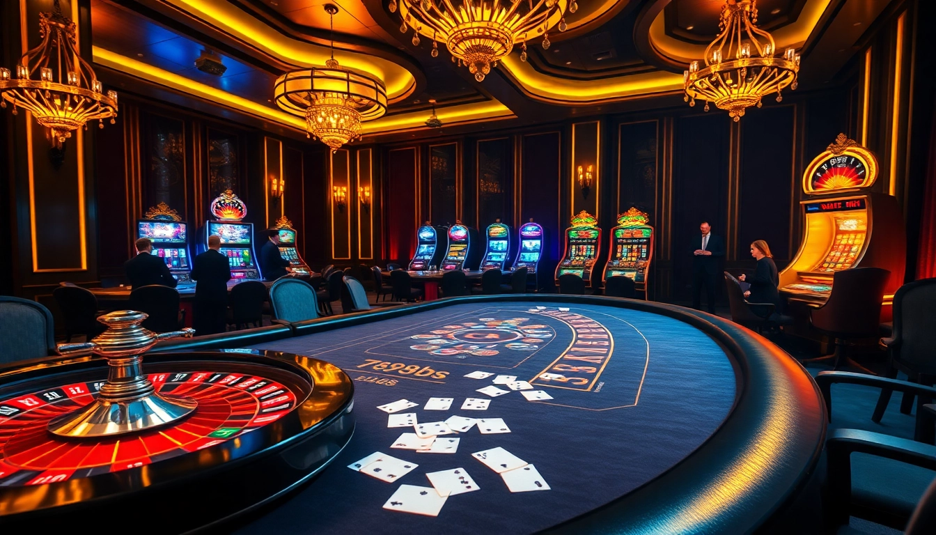 Experience the thrill of gambling in a dynamic casino environment with 789b-themed tables and slot machines.