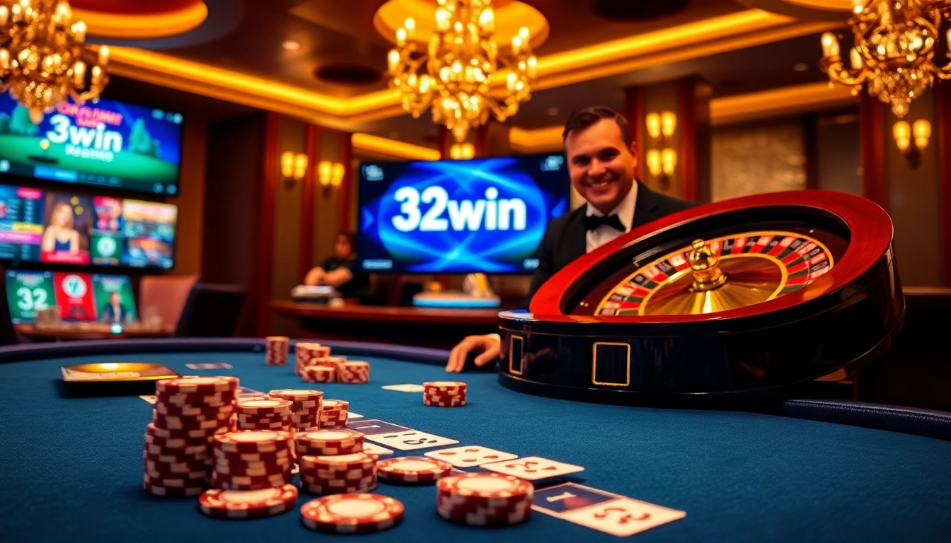 A dynamic casino scene highlighting 32win.reviews with poker chips and a roulette wheel.