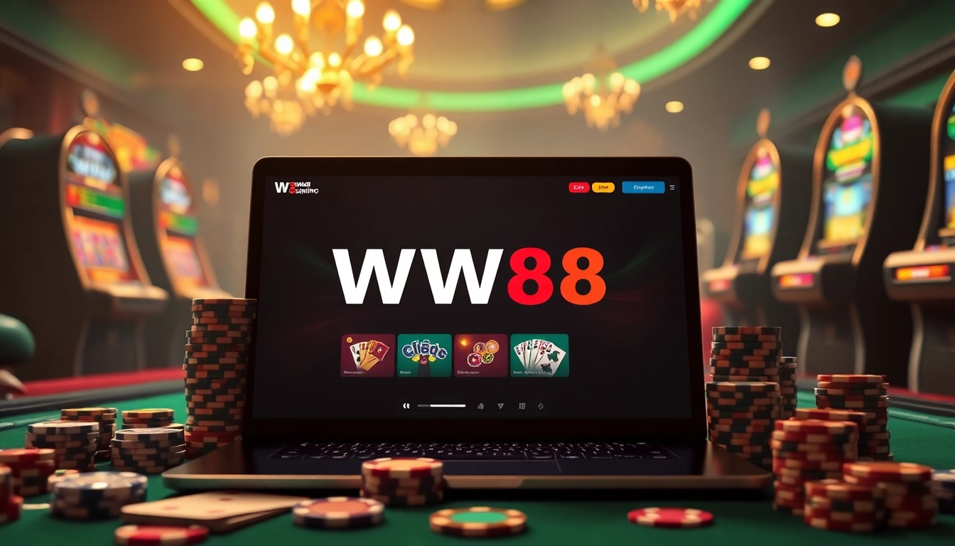 Engage with WW88's high-stakes gaming experience featuring vibrant slot machines and poker elements.