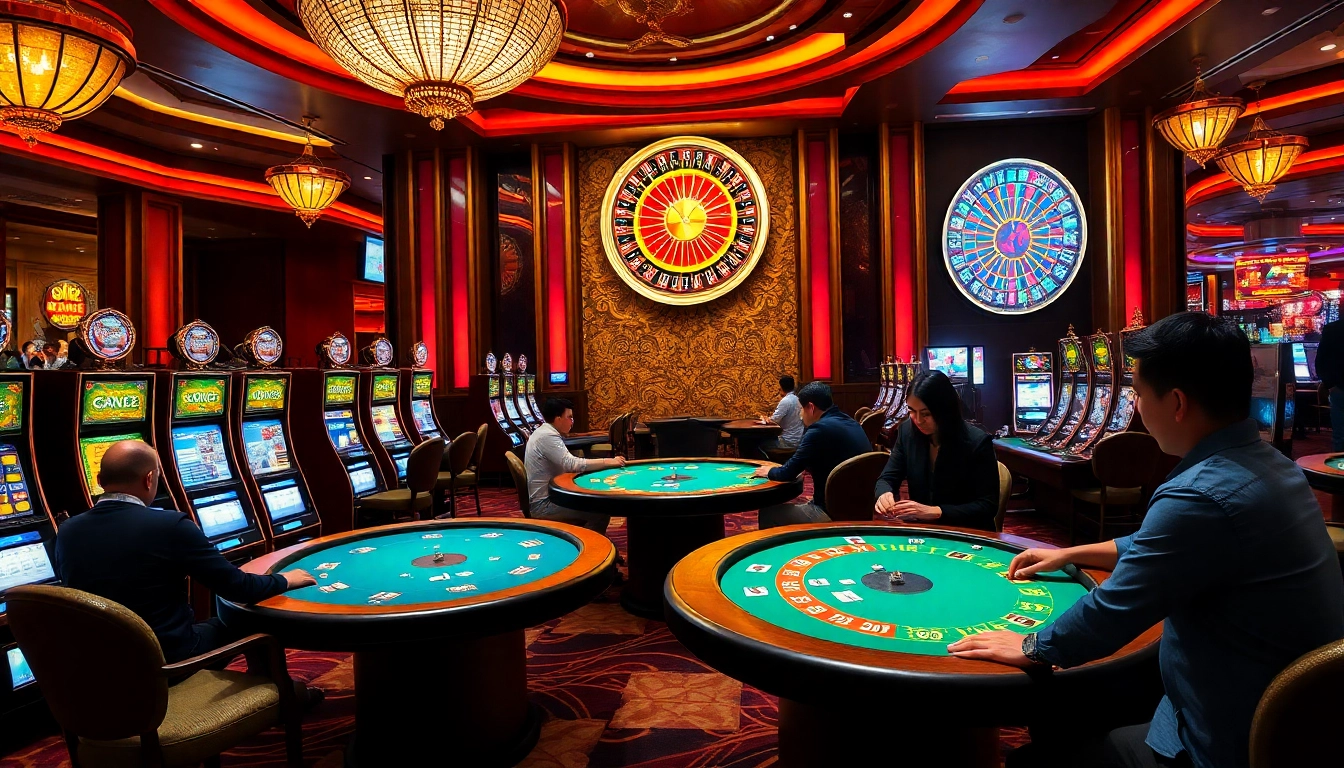 UU88 casino scene capturing players enjoying poker and slot machines in a vibrant atmosphere.
