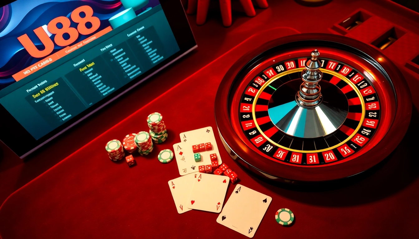 Engaging scene of a casino table featuring UU88 poker chips and dice for thrilling gameplay.