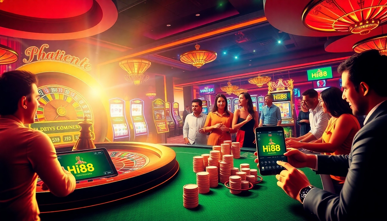 Players enjoying an exciting casino atmosphere at Hi88, captivated by slot machines and a roulette wheel.