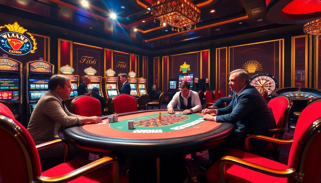 Players engaged in high-stakes poker at a luxurious F168 casino table with vibrant decor.