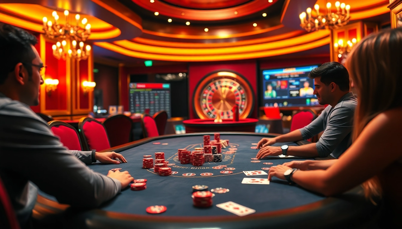 Gamblers experiencing the excitement of 58win com at a luxurious poker table, complete with chips and cards.