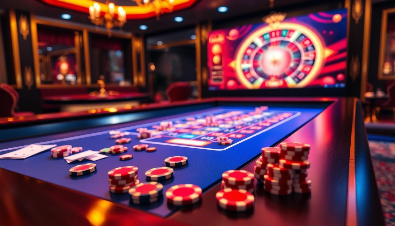 Lô Đề online game interface showing vibrant betting slips and poker chips in a luxurious casino setting.