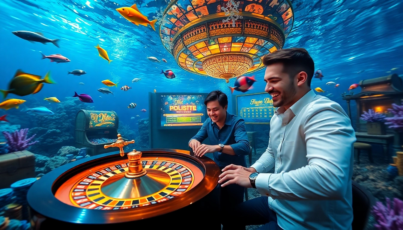 Engaging players in bắn cá đổi thưởng amidst a vibrant underwater casino scene filled with colorful fish and exciting gaming elements.
