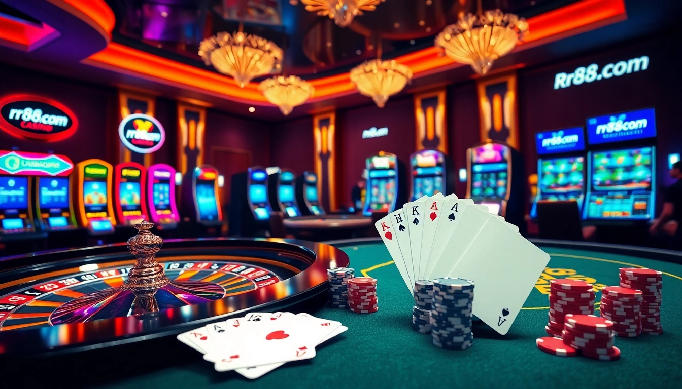Players enjoying games at rr88com online casino with vibrant chips and roulette.