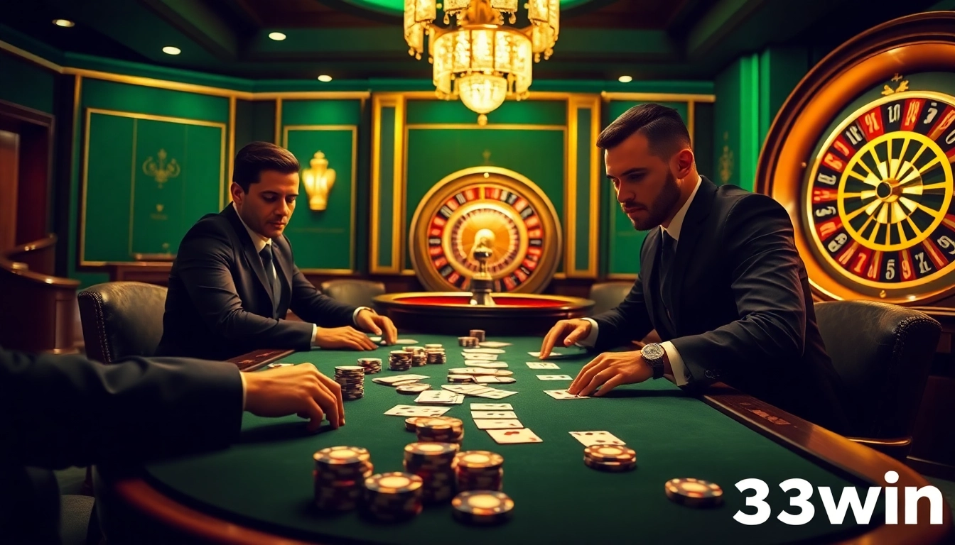 Exciting poker game at 33win casino table with professional players and vibrant ambiance.