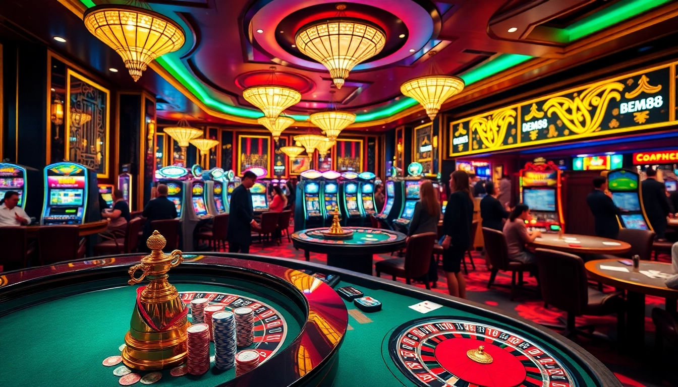 Exciting casino scene featuring bem88 com's vibrant roulette table, poker chips, and slot machines, capturing the thrill of gambling.