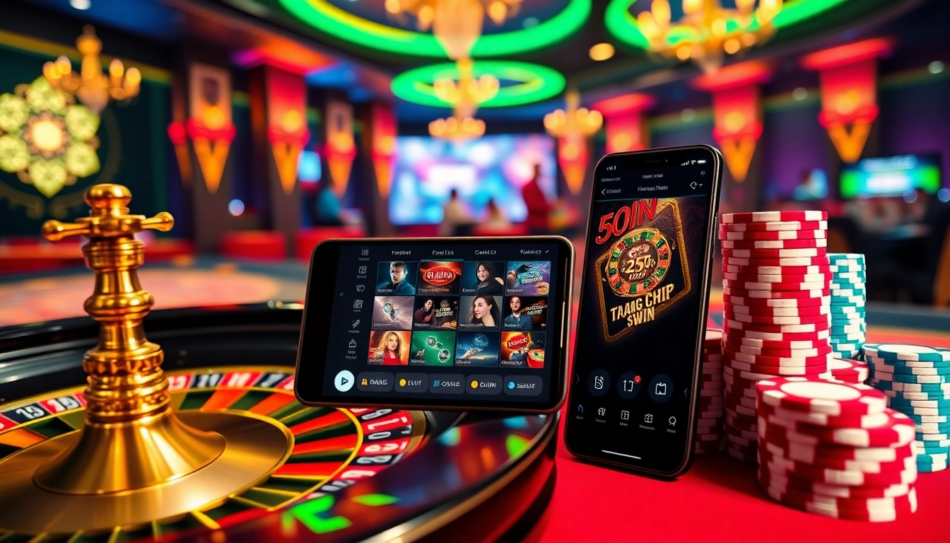 Experience the thrill of Trang Chủ 56WIN with a vibrant casino scene featuring poker chips and roulette.