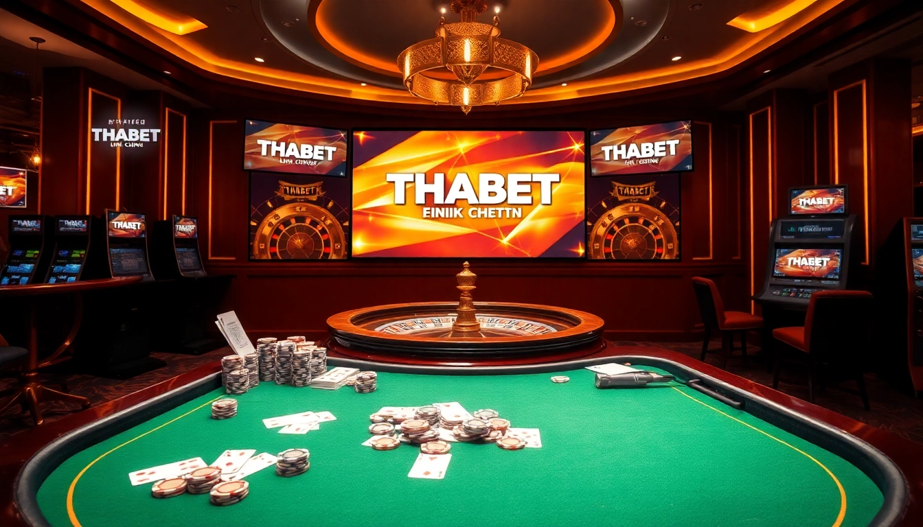 Engaging scene of a casino highlighting thabet link chuẩn with poker chips and digital interface.