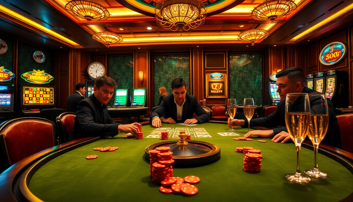 Experience excitement at xin88 with players engaging over high-stakes casino games in a luxurious setting.