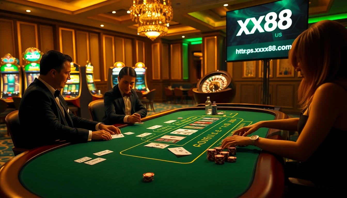 Baccarat players strategize their next move on https://xx88.us/ while surrounded by glamorous casino elements.