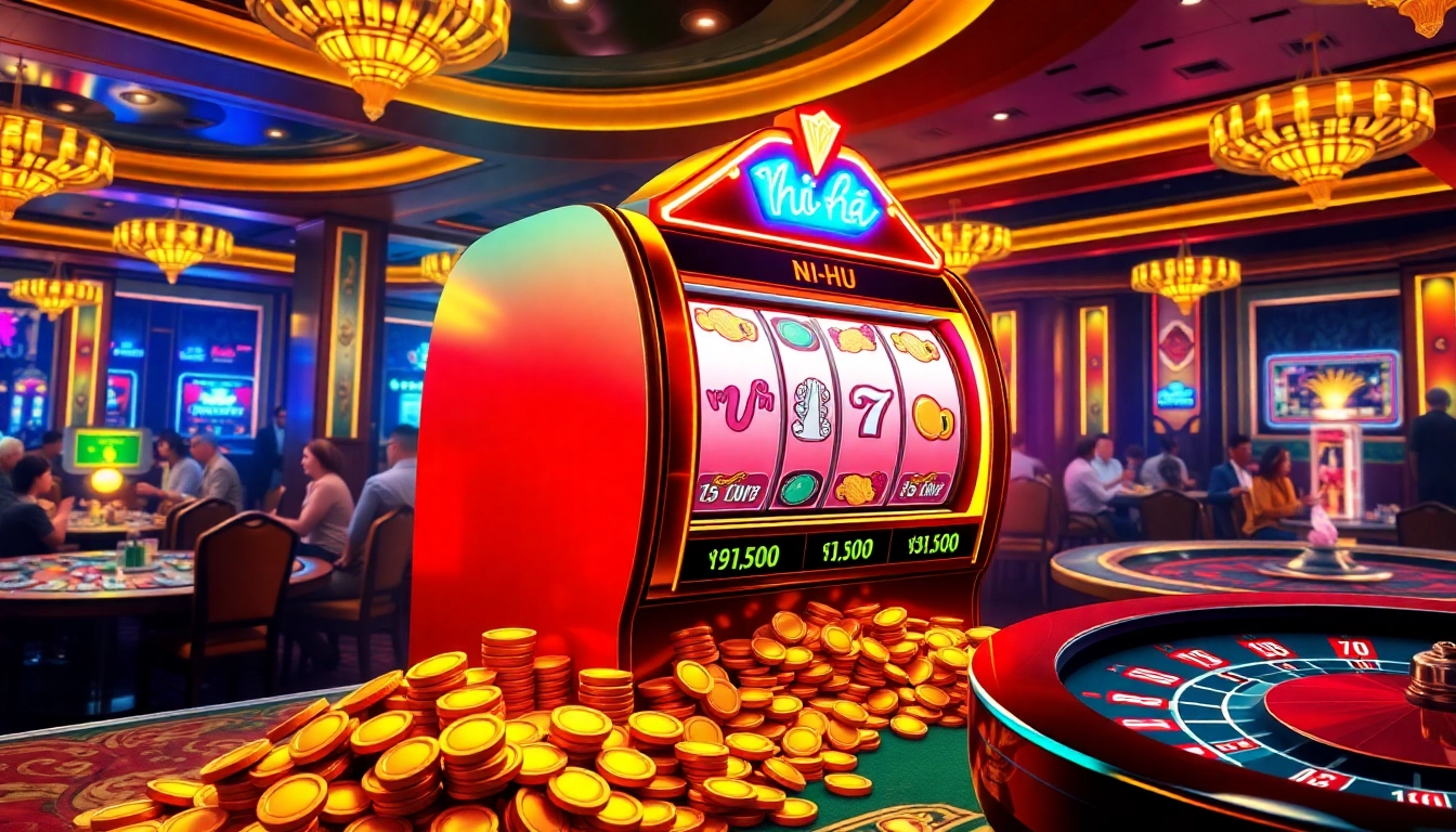 Excited player enjoying nổ hũ slot machine surrounded by casino atmosphere and shimmering lights.