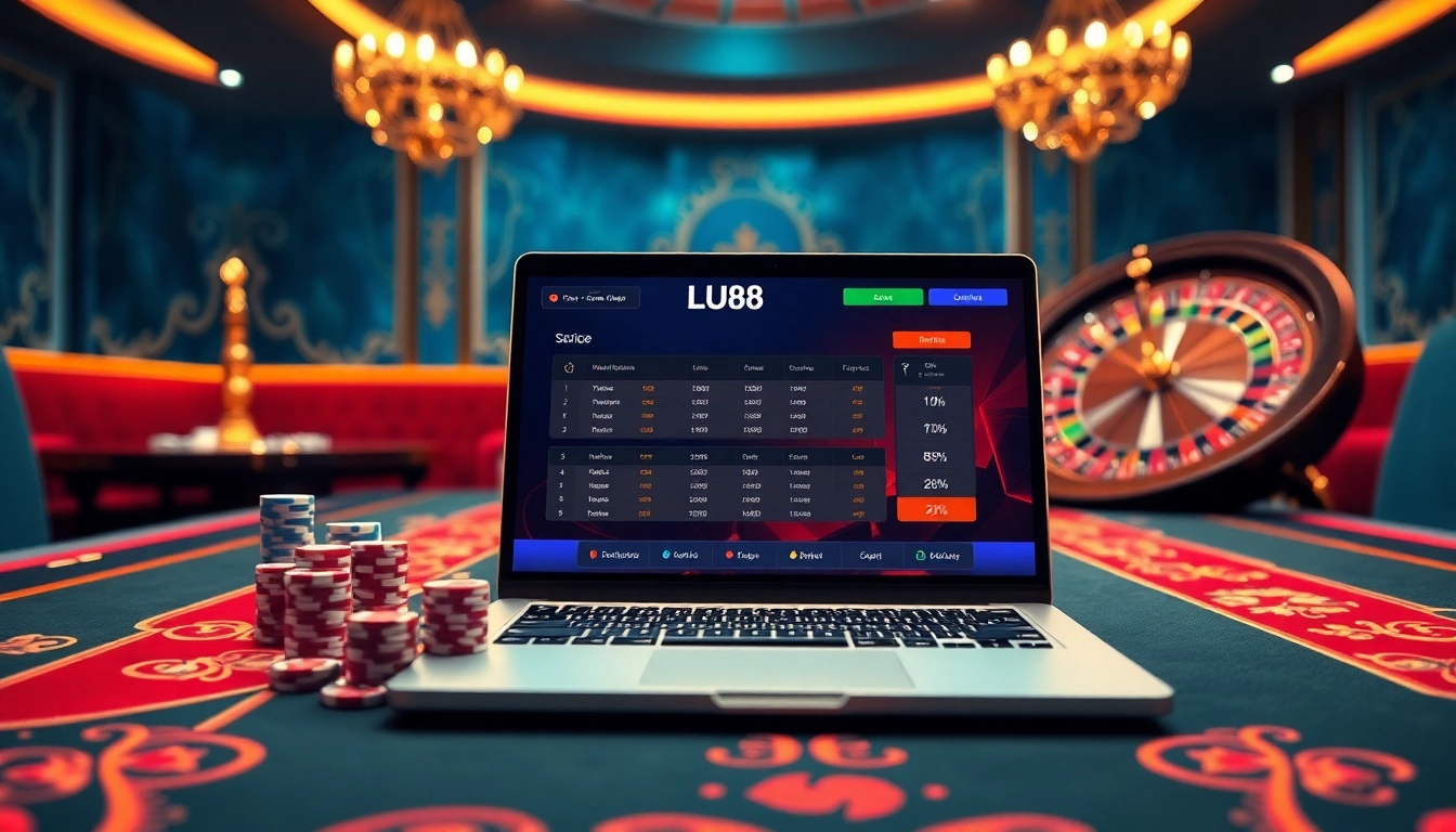 Experience the thrill of gambling at LU88 with a vibrant online casino scene featuring poker chips, dice, and a roulette wheel.