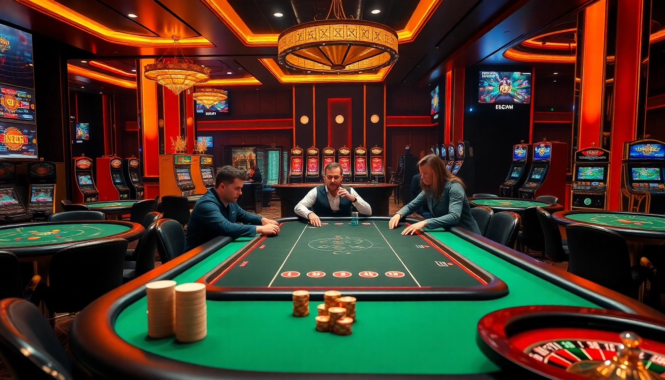 A high-stakes poker game at tt88.com showcasing vibrant slot machines and opulent casino decor.