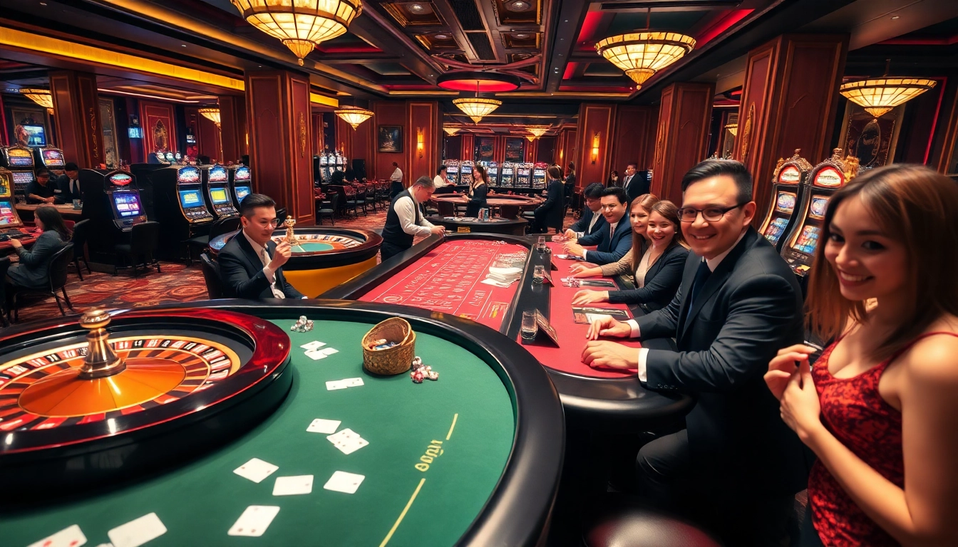 Exciting scene at nhà cái nohu90 showcasing luxurious casino tables and enthusiastic gamblers.