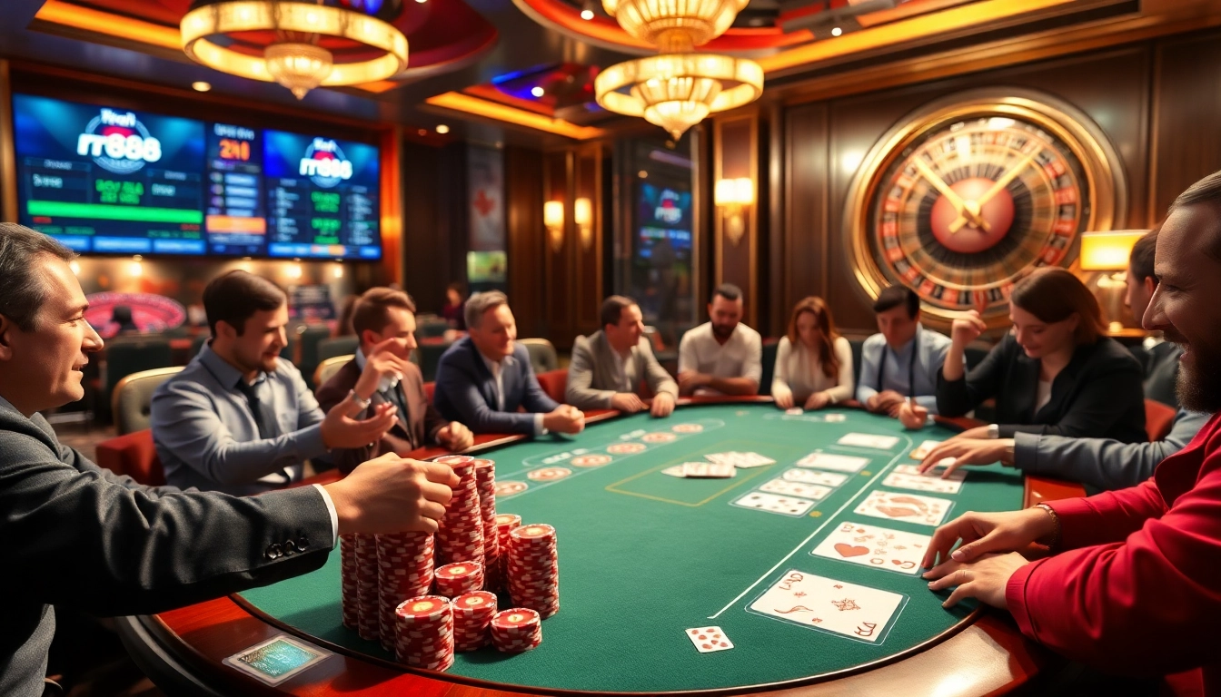 High-stakes poker action at luxury casino table, featuring rr88 chips and cards.