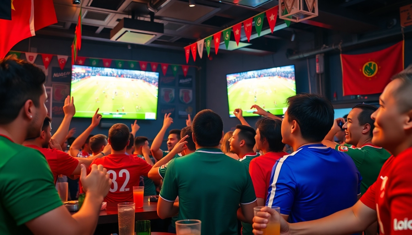 Exciting football fans watching a live match via lương sơn tv in a vibrant sports bar.