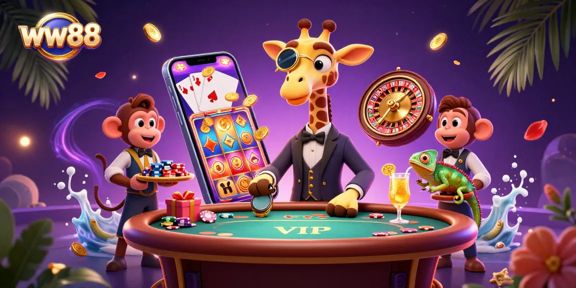 Experience thrilling gameplay at ww88 with a high-roller giraffe, monkey valet, and a chameleon bartender!