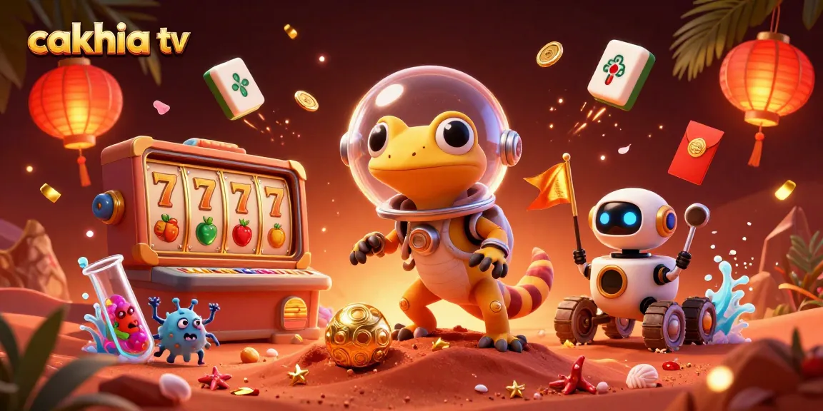 Cakhia TV showcases thrilling slot games with a Martian gecko discovering exciting hidden treasures in a 3D illustration.