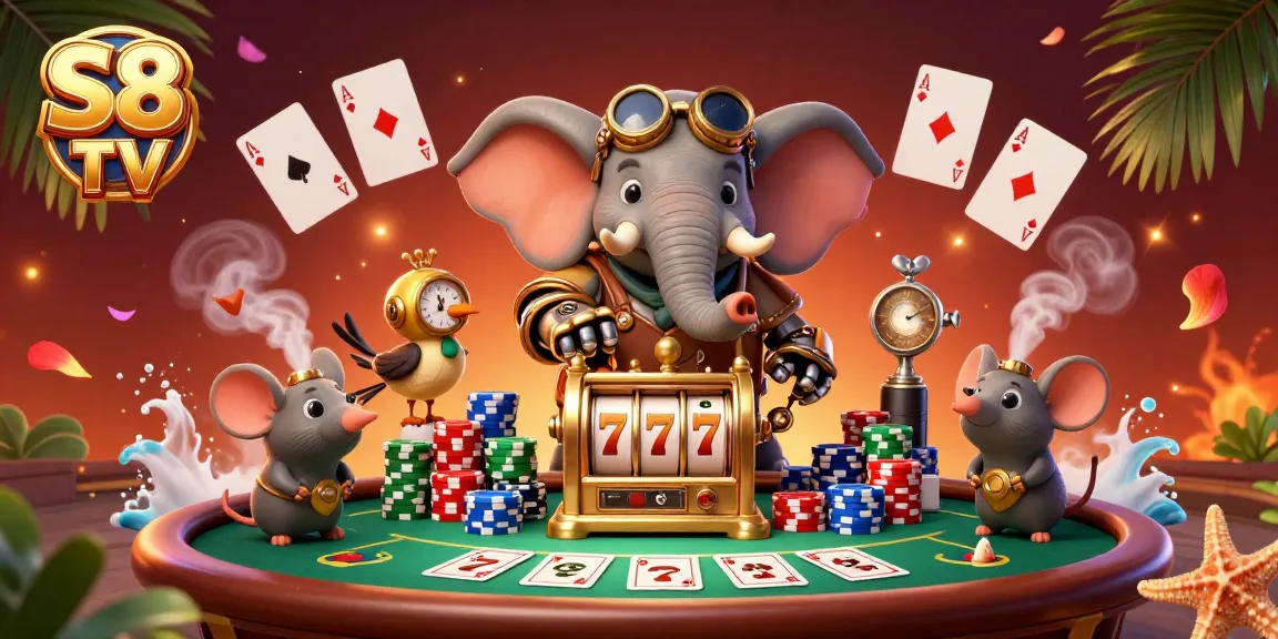 S8 TV offers a thrilling experience with a cartoon steampunk elephant at a golden slot machine.