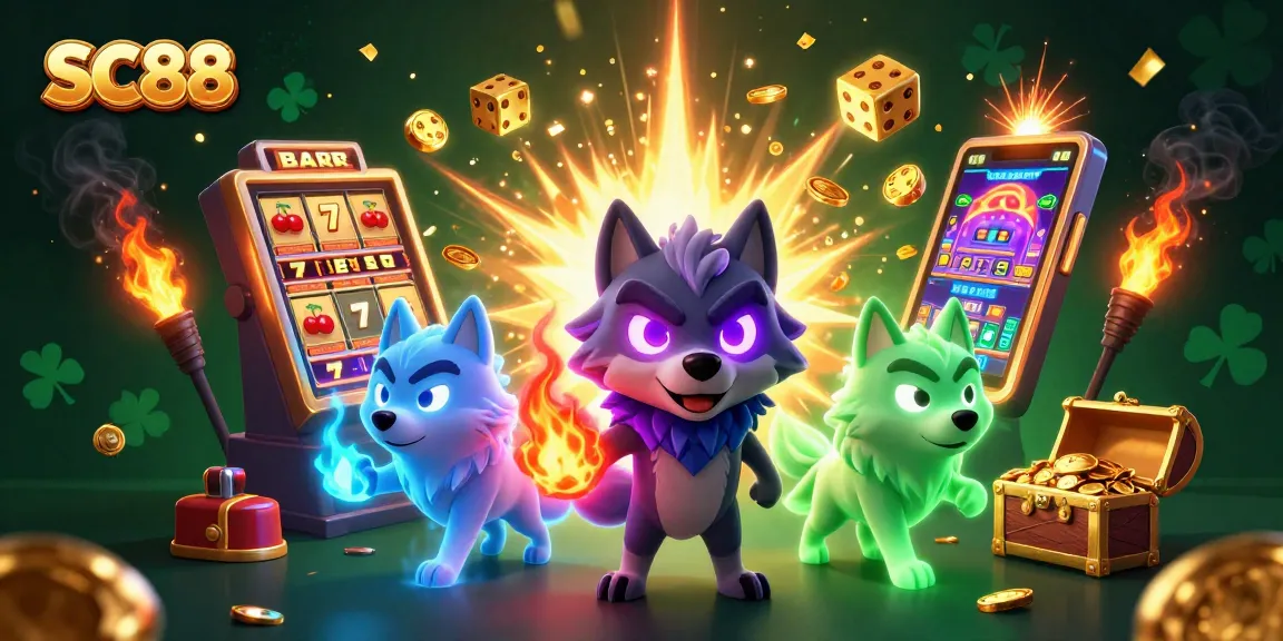 Experience thrilling wins at SC88 with a lively scene of wolves celebrating around dynamic casino elements.