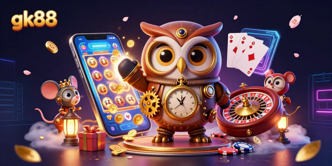 Experience the thrilling gk88 universe with a time-traveling owl and vibrant casino games.