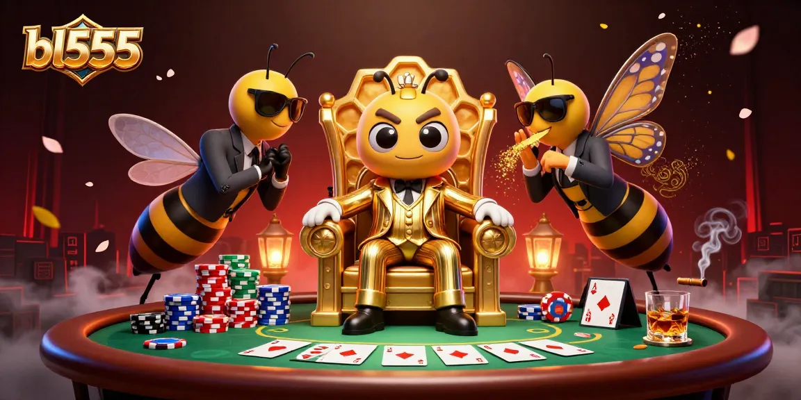 Bet big at bl555 with a vibrant casino scene featuring a bumblebee mob boss and card games.
