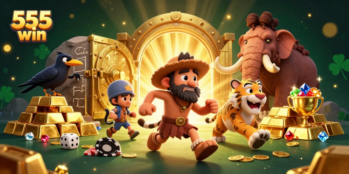 Experience the thrill of 555 win in this vibrant casino scene with animated characters and treasures.