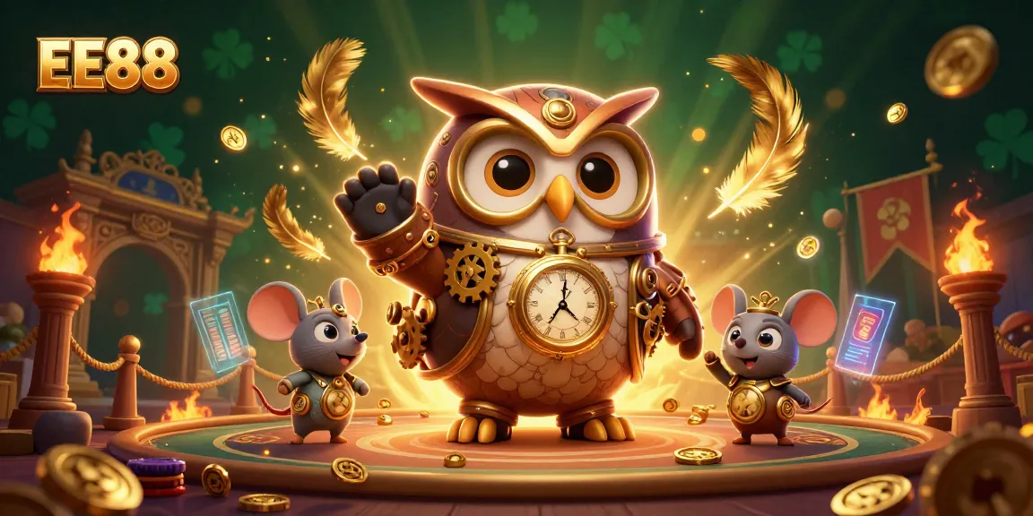 Engage with EE88’s dynamic casino scene featuring a time-traveling owl and steampunk elements.