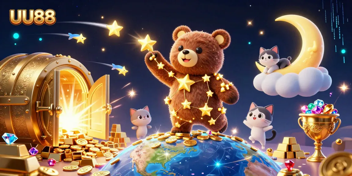 UU88 players winning big as the golden constellation bear reaches for coins from Earth.