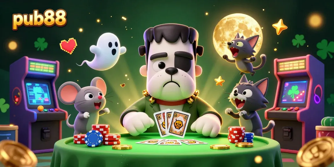 Experience the excitement at pub88, where Frankenstein bulldog dealers and ghost mice create a thrilling casino scene.
