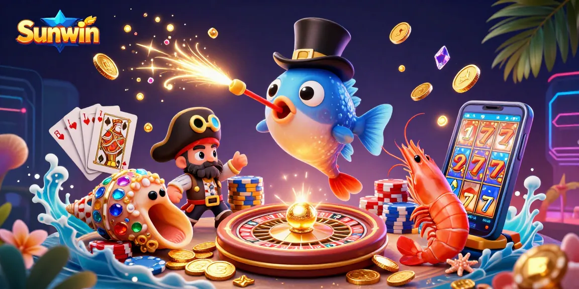 Sunwin showcases a vibrant 3D illustration of an anglerfish and shrimp, symbolizing a thrilling gaming experience.