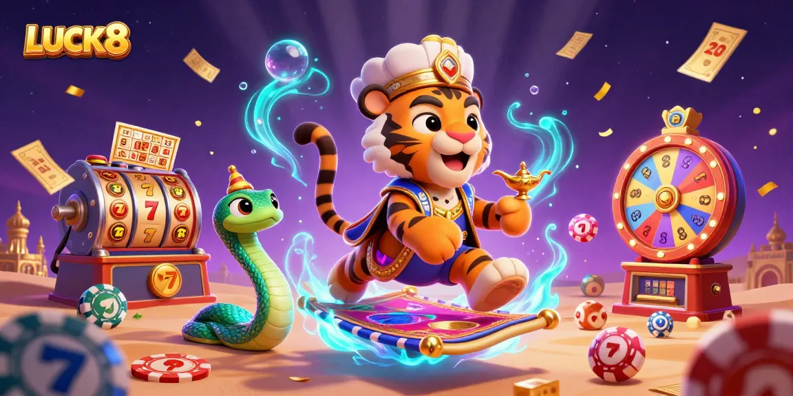 LUCK8's magical tiger sultan floating on poker chips, surrounded by vibrant slot elements for thrilling online gaming.