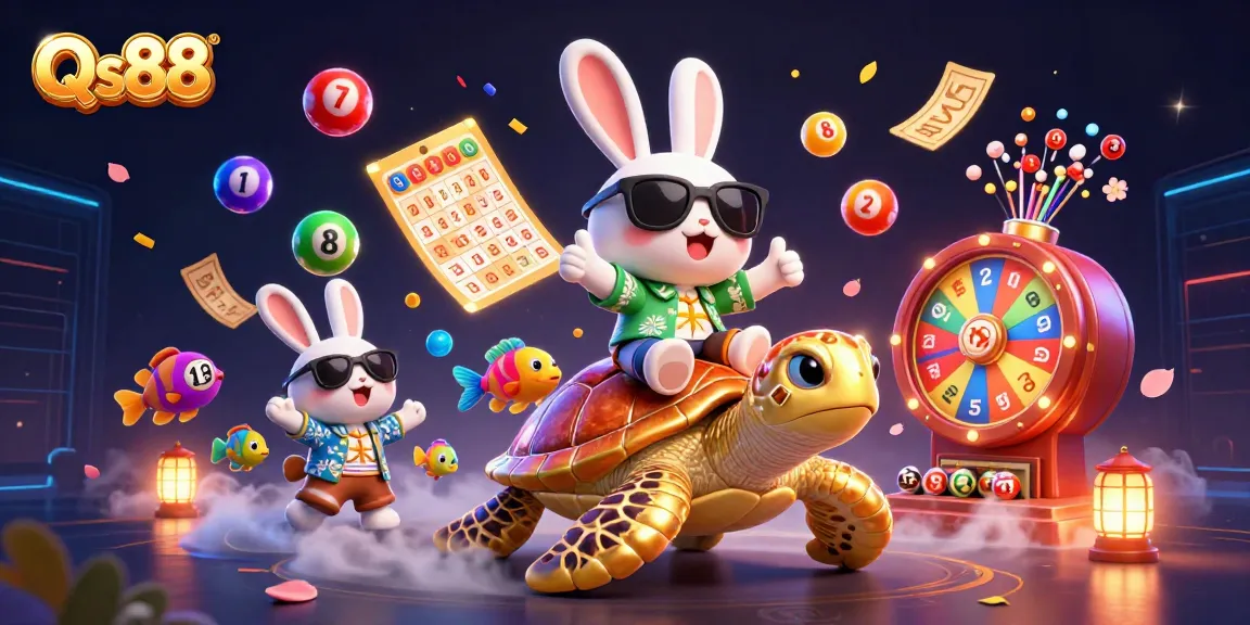 Experience the excitement of Qs88 with a lucky rabbit and golden turtle amid vibrant lottery elements.