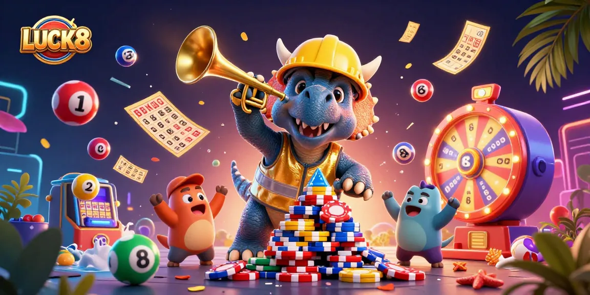Experience the excitement of LUCK8 as a triceratops builds a poker chip pyramid amidst colorful game elements.