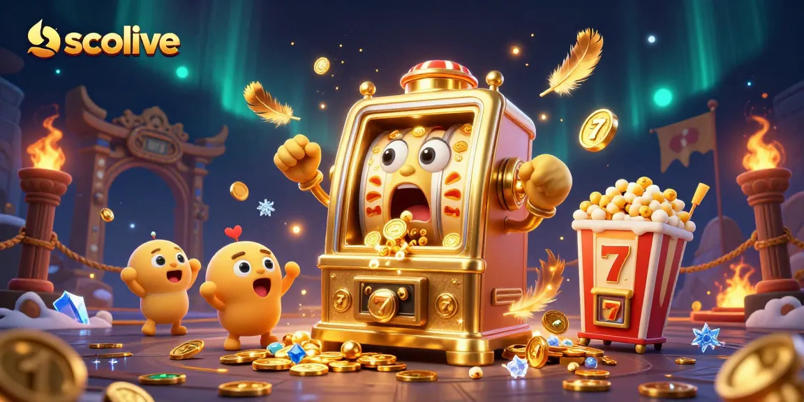 Socolive showcases a vibrant animation of a golden slot machine celebrating its jackpot amidst cheering characters and dynamic elements.