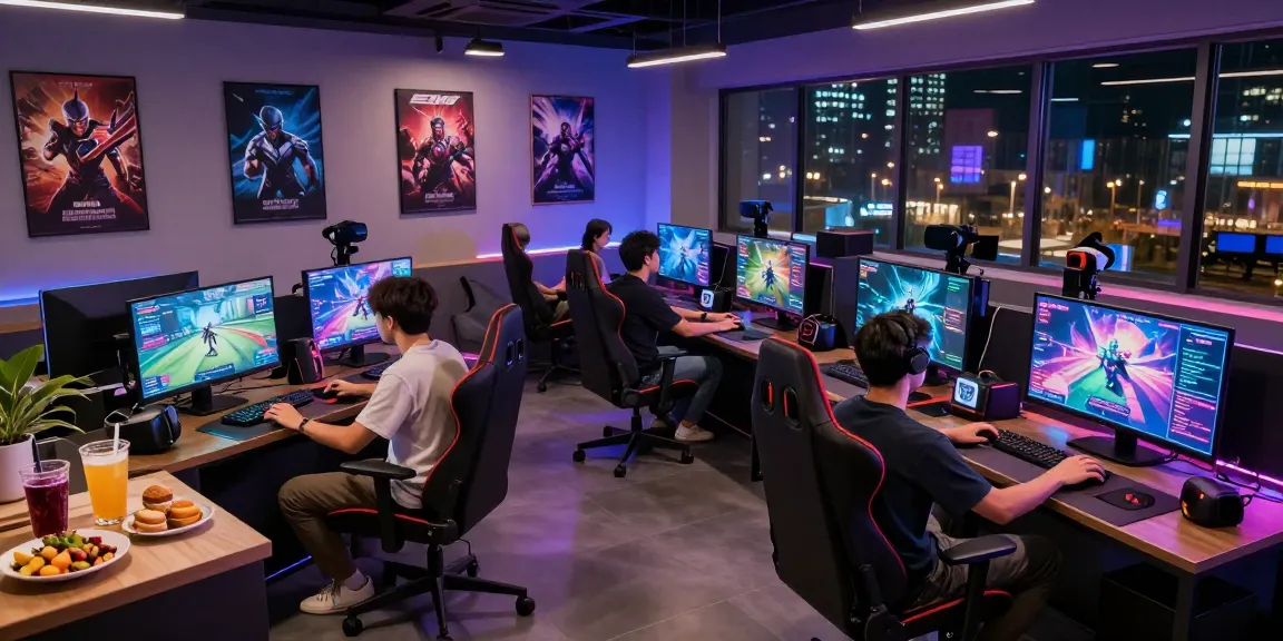 Exciting gaming lounge scene at https://proplay88.uk.com/ with friends competing and vibrant atmosphere.